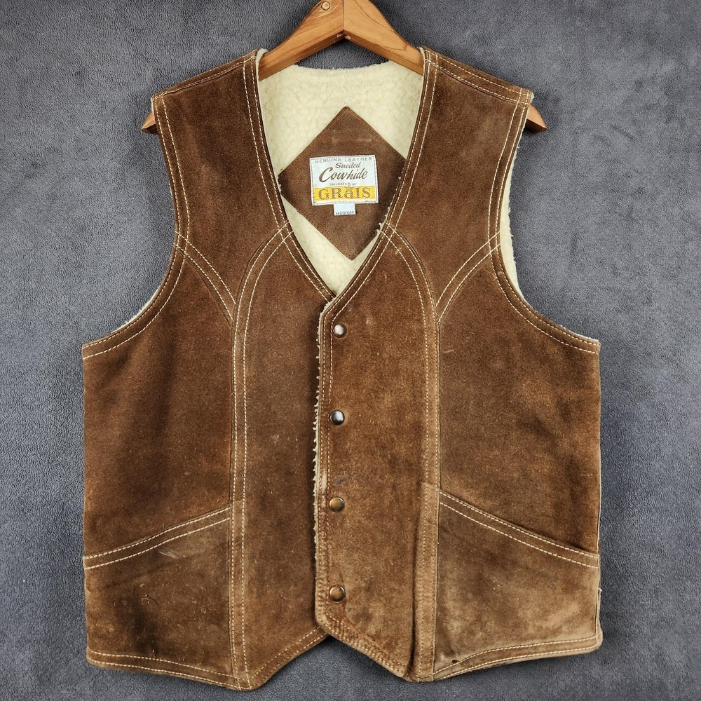 Vintage‎ Grais Sueded Cowhide Vest Mens Medium Brown Sherpa Lined Western